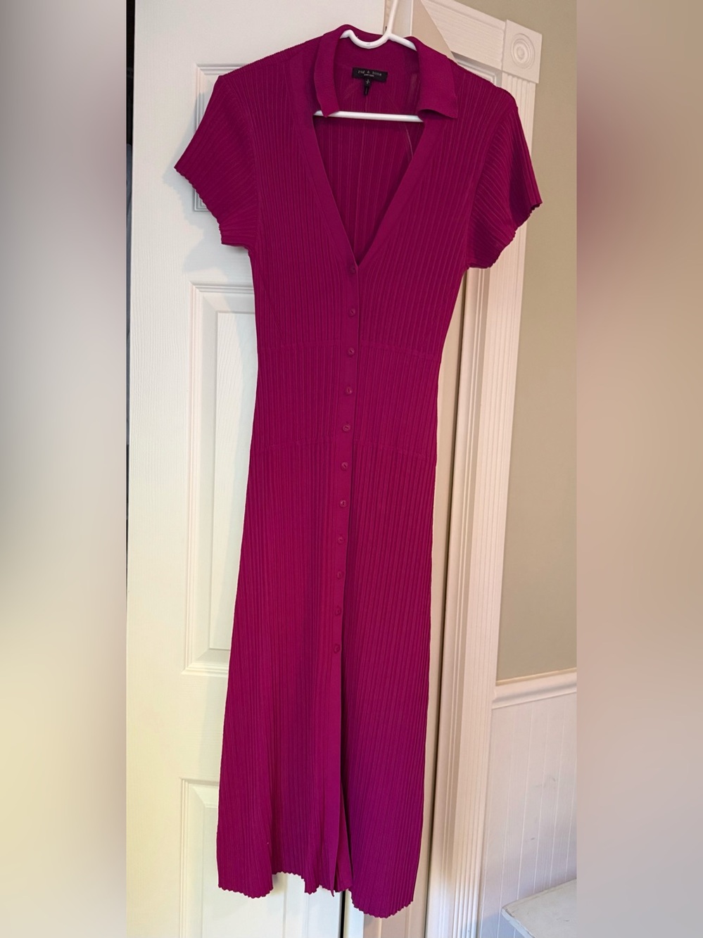 Rag & Bone Esme Ribbed Knit Polo Midi Dress Deep Pink Fuchsia Size